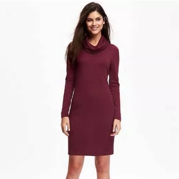 red cowl neck sweater dress